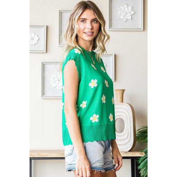 First Love Flower Pattern Crew Neck Ribbed Hem Sleeveless Sweater Vest | Green - Picture 4 of 6